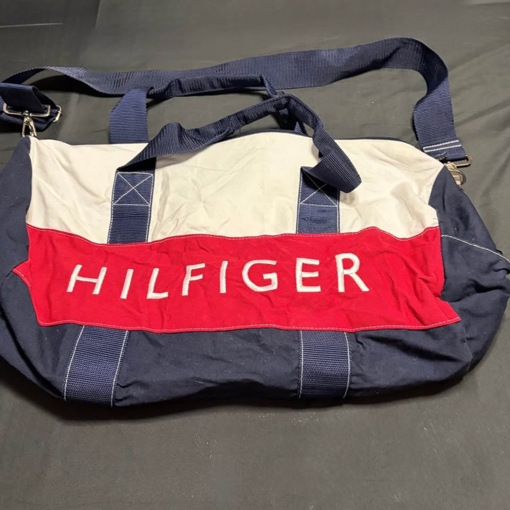 Vintage Tommy Hilfiger Canvas Duffel Bag Navy Red White Y2K Gym Travel Large